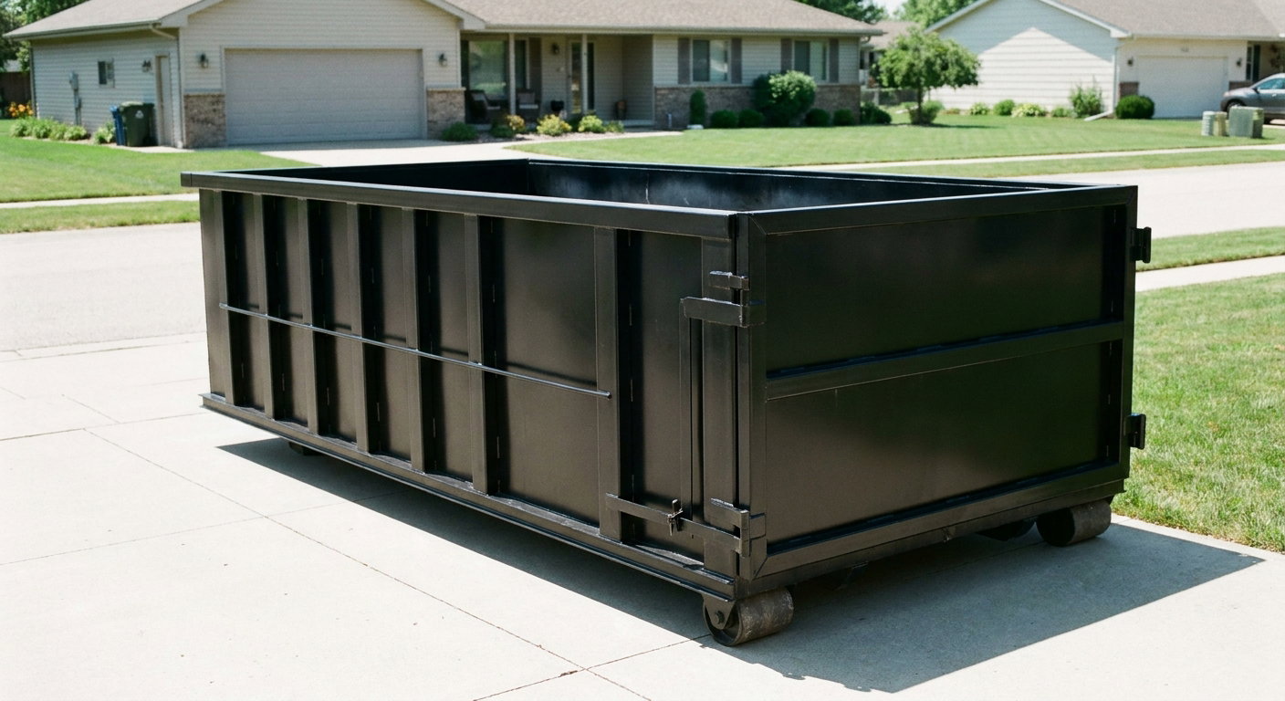Matte-black 10-yard roll-off dumpster on a residential concrete driveway in Worcester, uniformly painted matte black across every panel and rail, ribbed steel sidewalls and rear swing door visible, mid-day daylight.