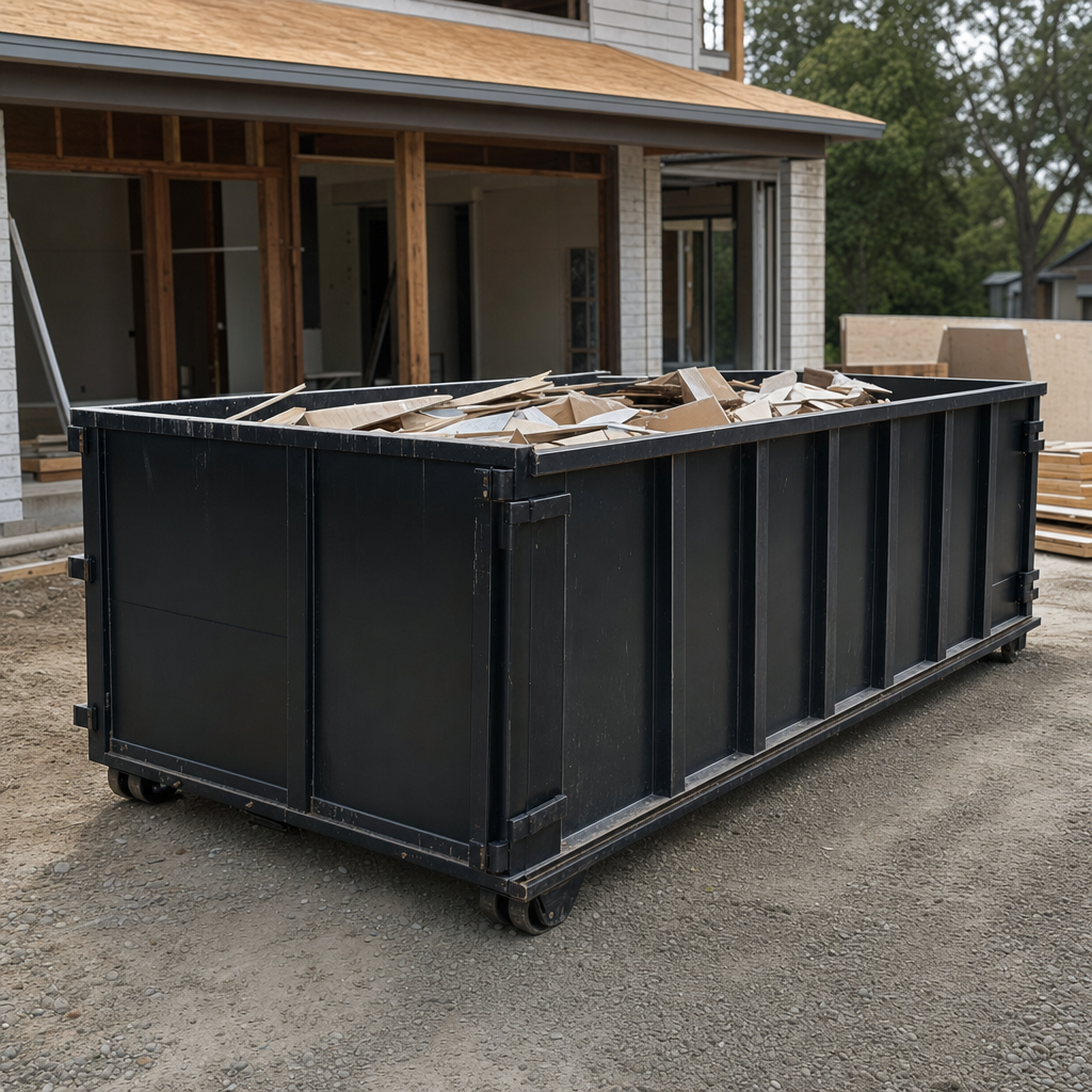 Large matte-black 30-yard construction roll-off dumpster at an active Worcester jobsite, steel-gray top rails and bottom rollers visible, loaded with construction debris.