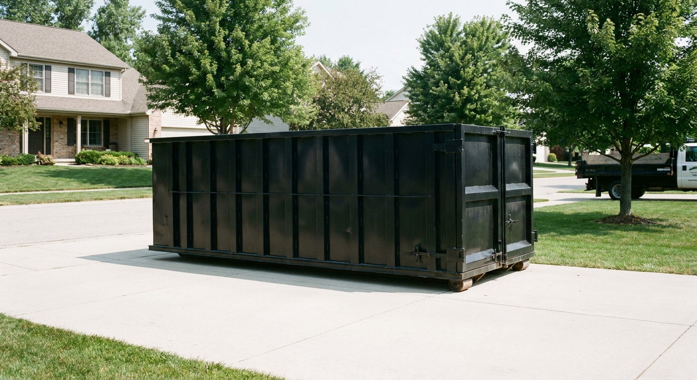 Matte-black 20-yard roll-off dumpster sitting level on a clean Worcester residential concrete driveway under bright daylight, demonstrating clean placement directly on the concrete.
