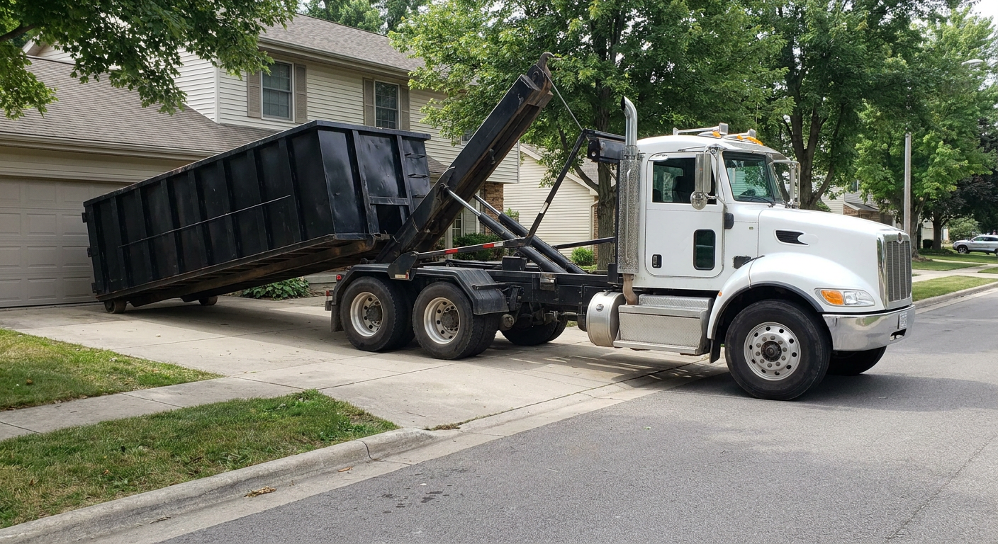 White-cab hooklift roll-off truck actively lowering a matte-black dumpster onto a Worcester residential concrete driveway, the dumpster's rear wheels touching the driveway as the hoist arm tilts the bed forward, mid-morning daylight.