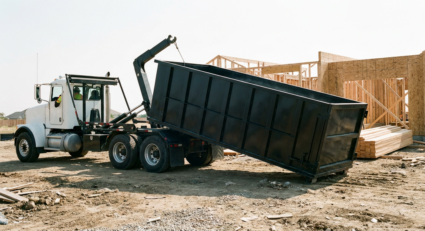 Matte-black roll-off dumpster being delivered onto a clean residential concrete driveway in Worcester by an unmarked white hooklift hauler truck, bright morning daylight, documentary 35mm perspective.
