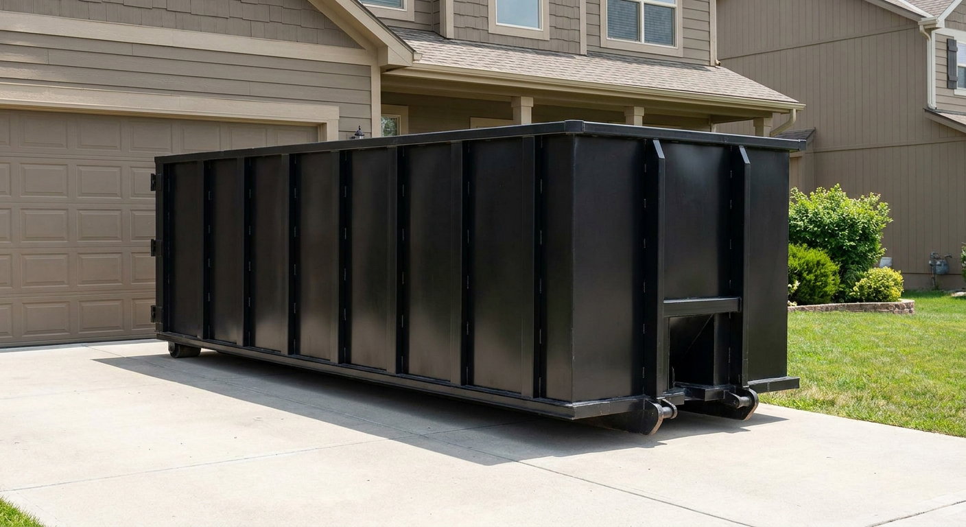 Matte-black residential roll-off dumpster sitting directly on a suburban Worcester concrete driveway, garage door closed, single-family home in background, bright morning daylight.