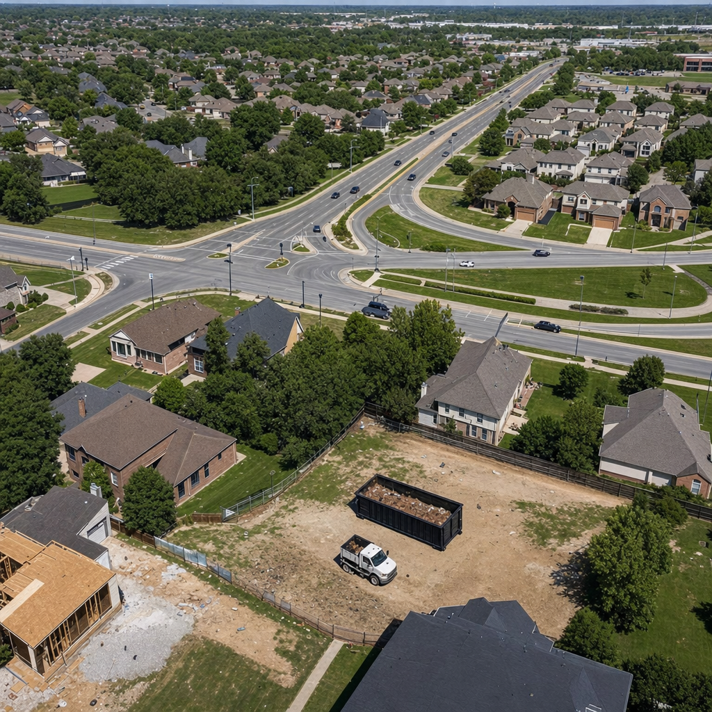 An overhead documentary view of the Worcester metro area at midday, showing the spread of neighborhoods, arterial roads, and the dispatch radius from a central yard — clean daylight, organized geographic layout.