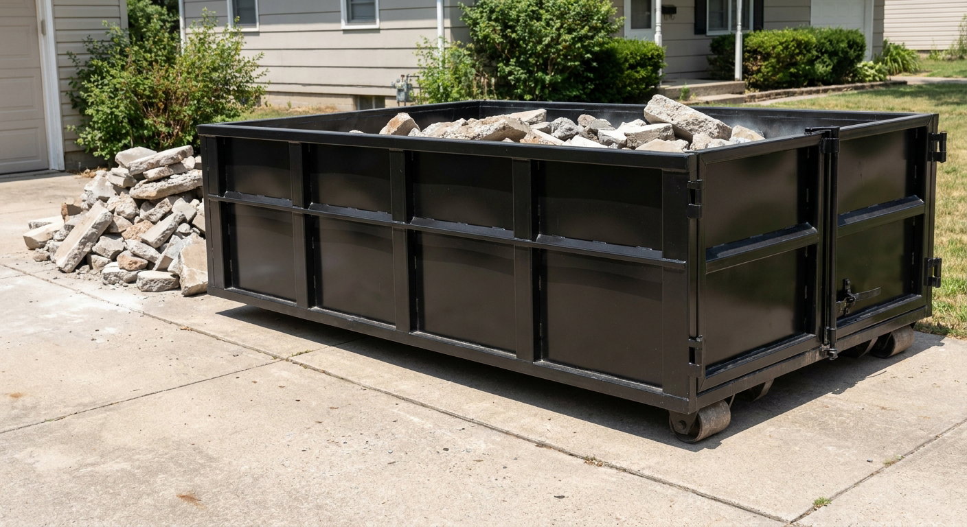 A matte-black low-side heavy-debris roll-off dumpster placed directly on a Worcester concrete driveway, with broken concrete chunks neatly stacked beside it under clean daylight.